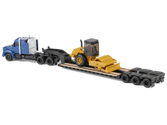 Kenworth T880 Tractor Blue Metallic with Lowboy Trailer and CAT Padfoot Roller Yellow 1/87 (HO) Diecast Model by Diecast Masters