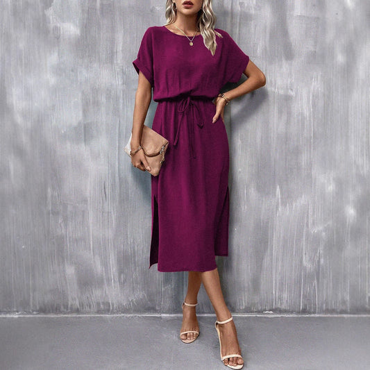 Women's Solid Color Reverse Sleeve Flat Short Sleeve Crew Neck Split Dress
