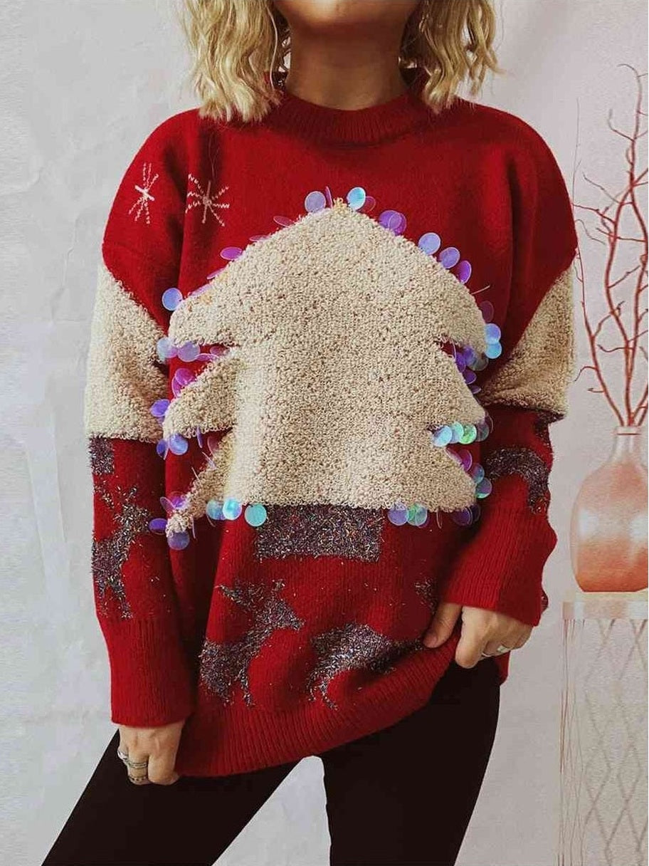 Women Sequin Christmas Tree & Reindeer Round Neck Sweater