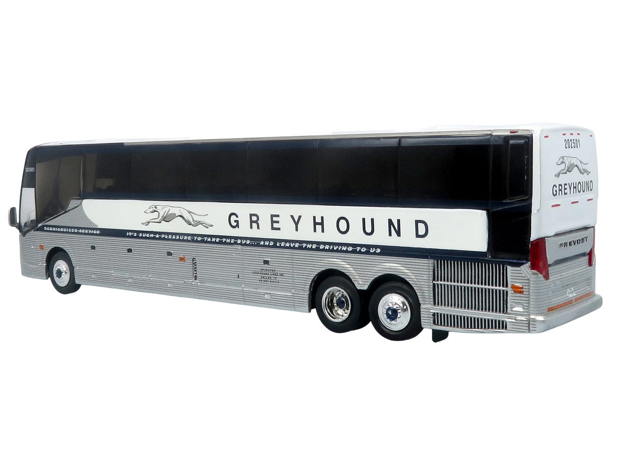 Prevost H3-45 Coach Bus "Greyhound Scenicruiser Service" White and Raw Metal "The Bus & Motorcoach Collection" Limited Edition to 504 pieces Worldwide 1/87 (HO) Scale Diecast Model by Iconic Replicas