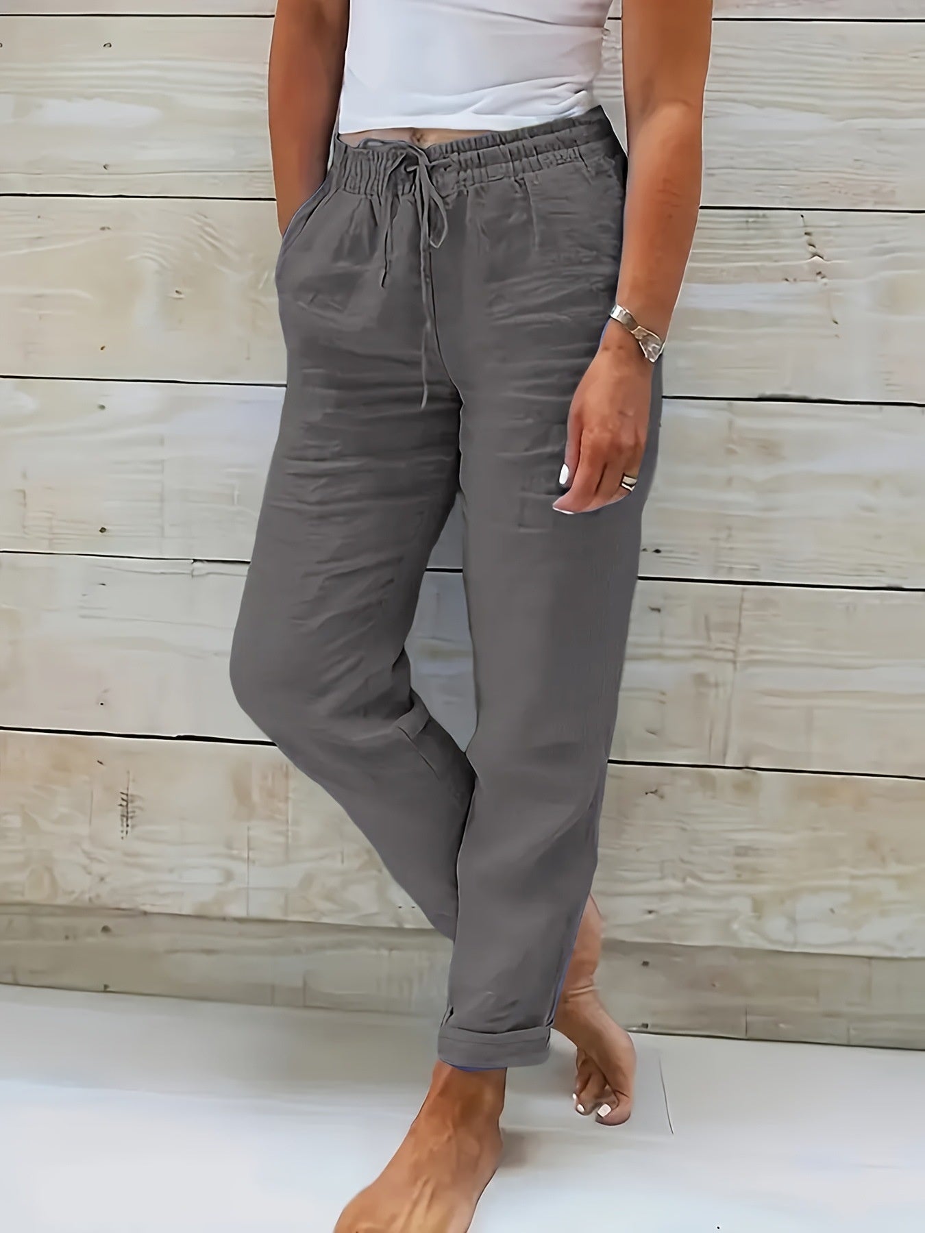 Cotton And Linen Women's High Waist Elastic Waist Solid Color Cotton And Linen Casual Pants