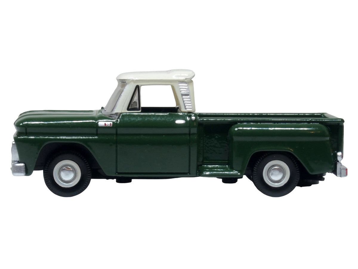 1965 Chevrolet C10 Stepside Pickup Truck Dark Green with Ivory Top 1/87 (HO) Scale Diecast Model Car by Oxford Diecast