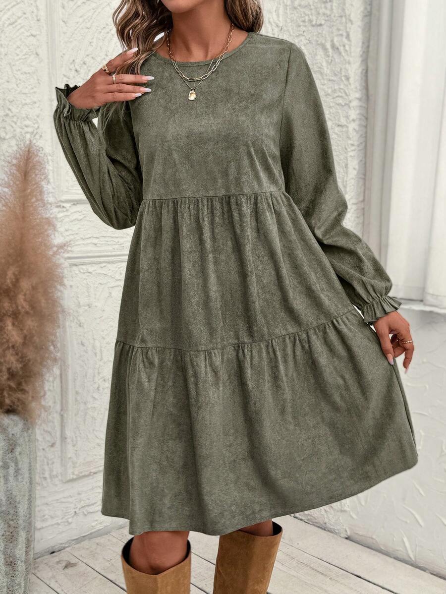 Women's Casual Solid Color Ruffle Sleeve Midi Dress Spring And Autumn