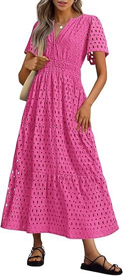 V-neck Hollow Pleated Short Sleeves Long Dress