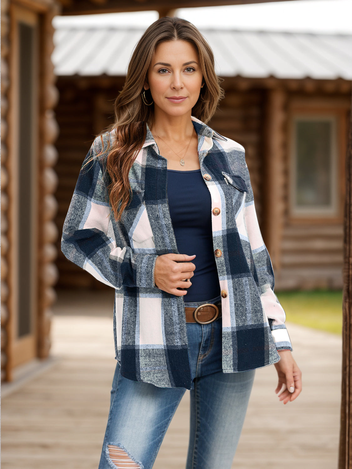 Women Full Size Pocketed Plaid Collared Neck Shacket