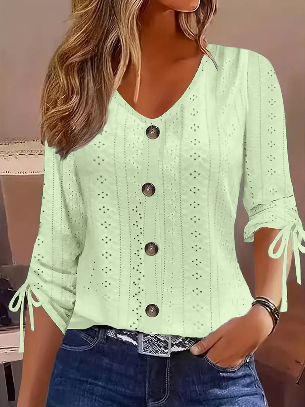 Solid-color Jacquard V-neck Buttoned Mid-sleeve T-shirt Top