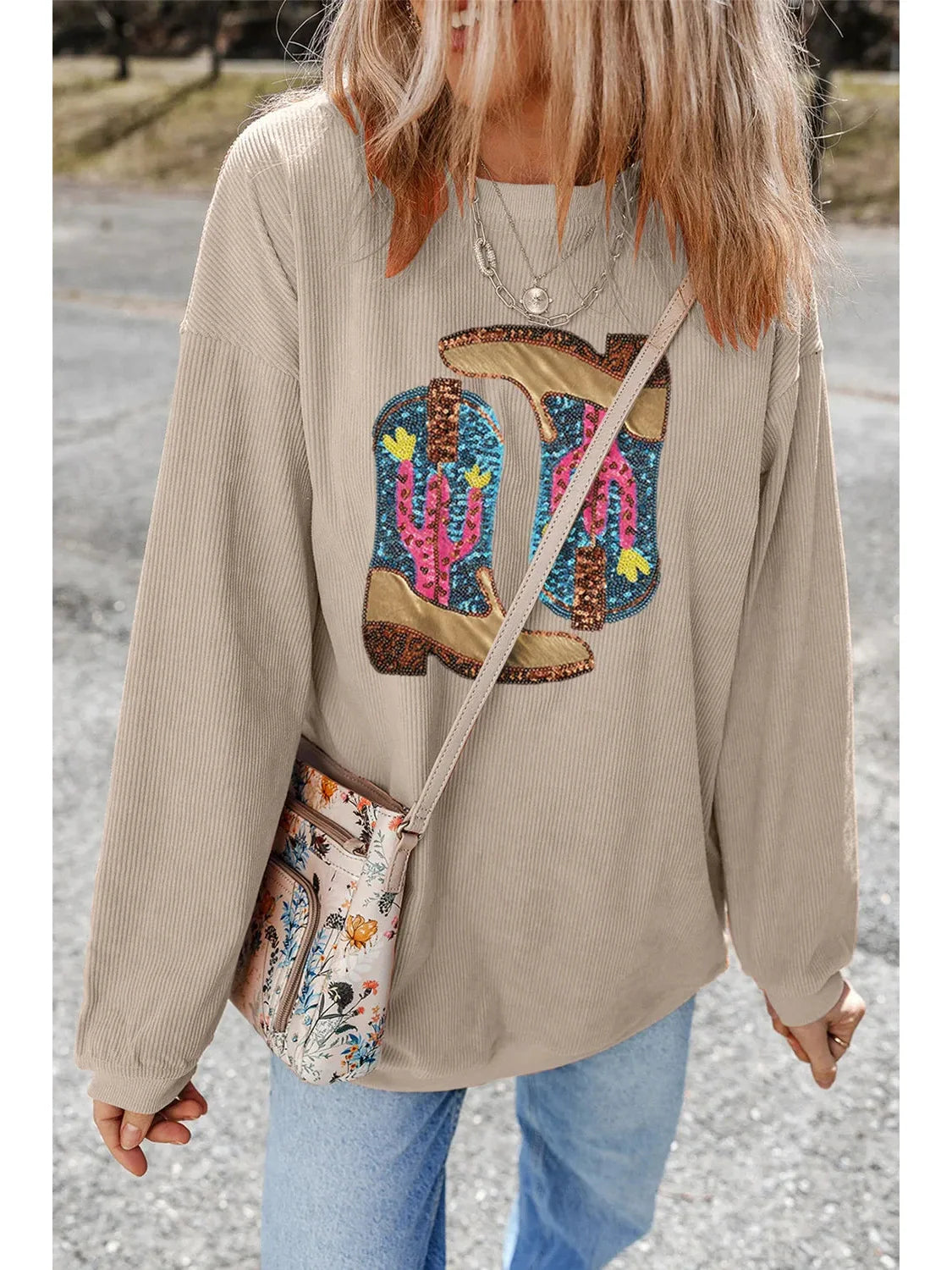 Women Full Size Sequin Boots Round Neck Long Sleeve Sweatshirt