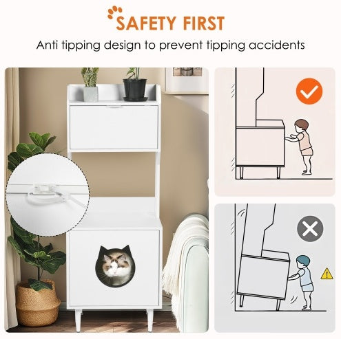 Litter Box Enclosure With Shelves And Doors White Wooden Hidden Cat Litter Box Furniture Industrial Indoor Cat House Washroom Pet Crate Storage Cabinet