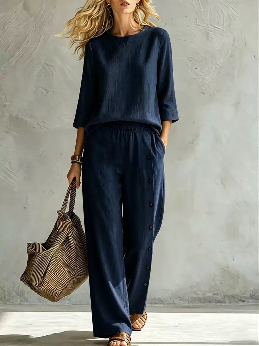 2026 European And American Women's Fashionable Solid Color Buckle Design Casual Loose Two-piece Set