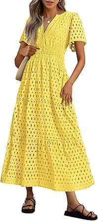 V-neck Hollow Pleated Short Sleeves Long Dress