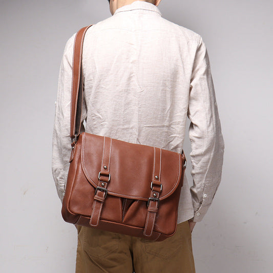 Mens Full-Grain Leather Large-Capacity Shoulder Bag