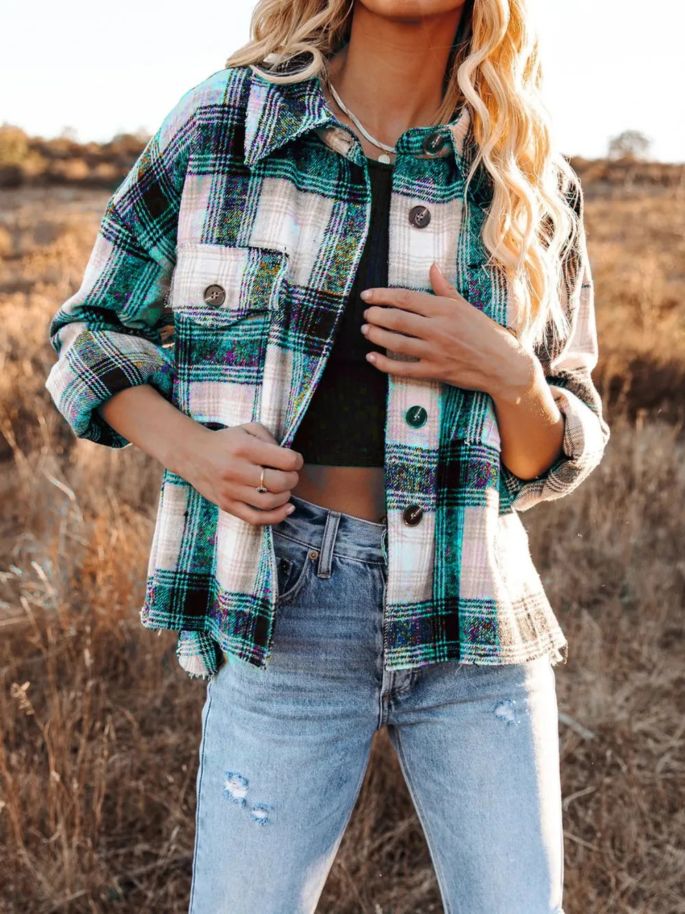 Women Pocketed Plaid Button Down Long Sleeve Shacket