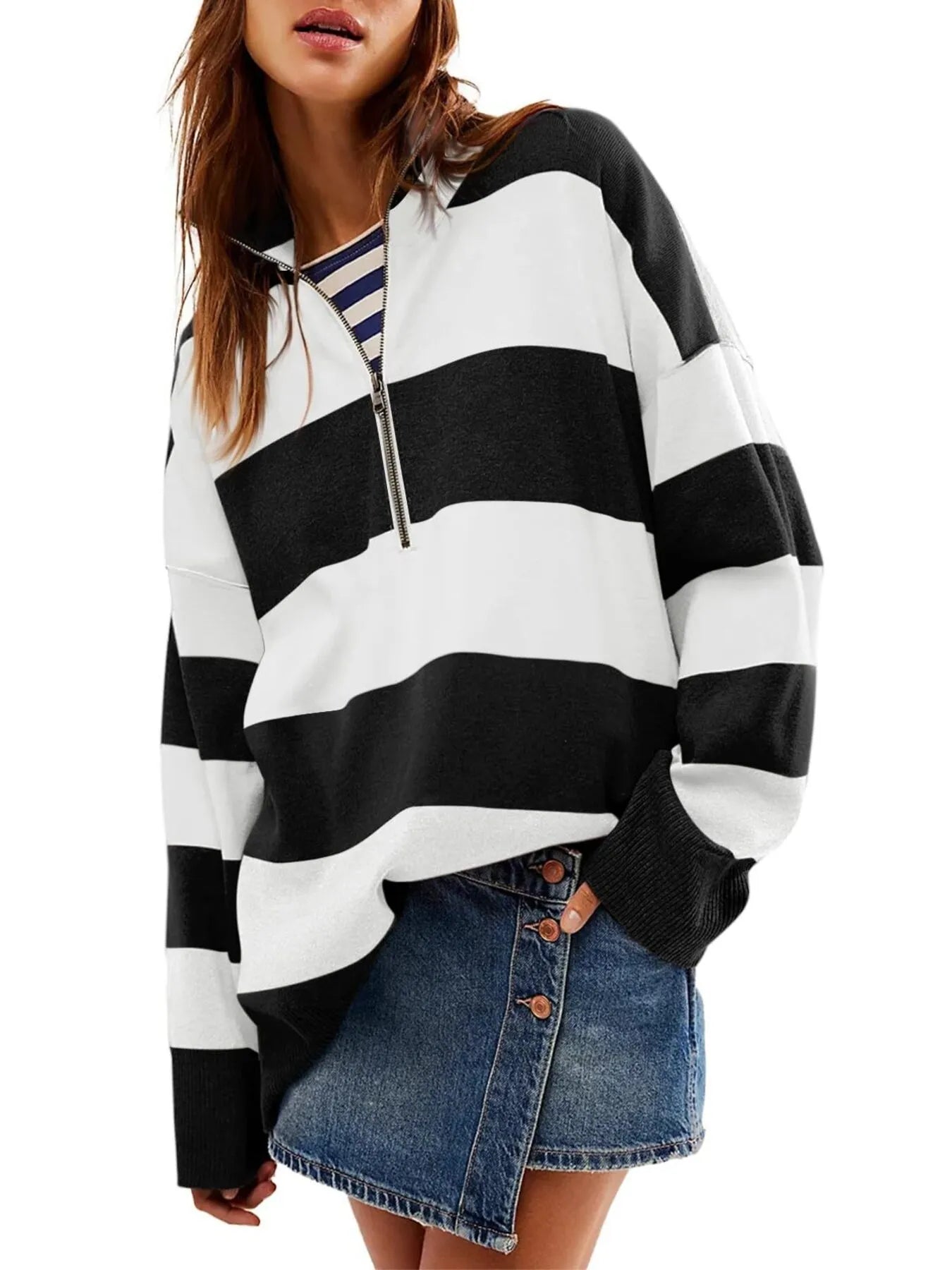 Striped Half-Zip Oversized Sweatshirt