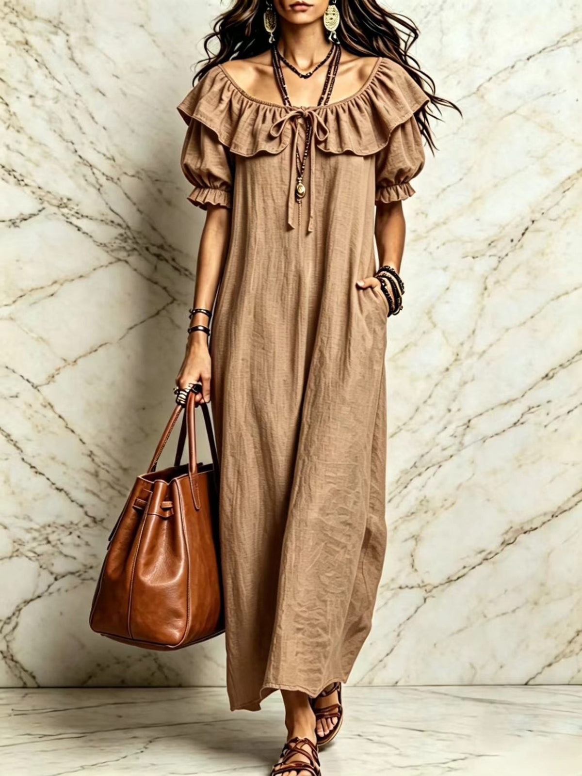 Summer 2026 Women's New Round Neck Ruffled Casual Seaside Vacation Dress From Europe And America