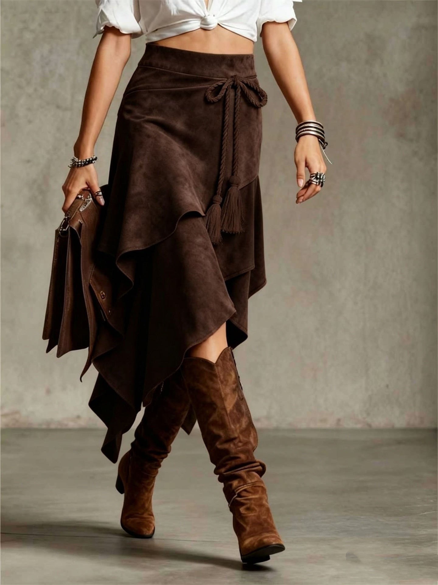 Retro Western-style Irregular Design Suede Skirt