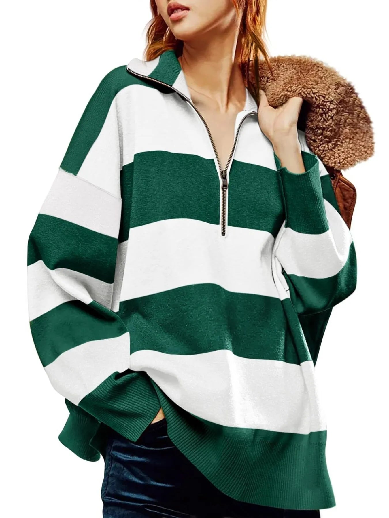 Striped Half-Zip Oversized Sweatshirt