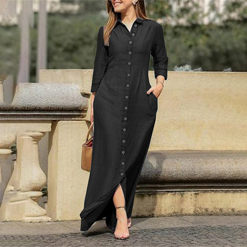 Womens Casual Button Down Denim Maxi Dress Long Sleeve Long Jean Dresses With Pockets