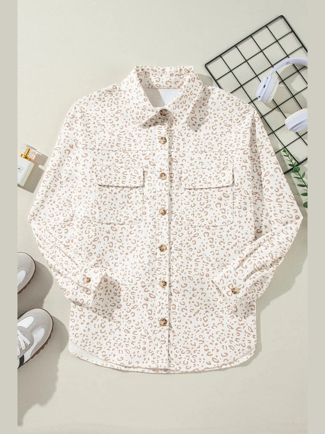 Leopard Collared Neck Dropped Shoulder Jacket