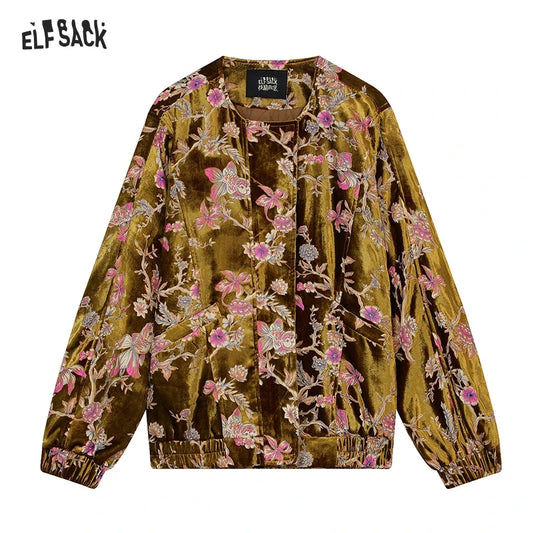 ELFSACK 2025 Gold Velvet Jacket Women's Winter Short Coat, Embroidered Goldfish Chinese Style Vintage Loose Padded Jacket
