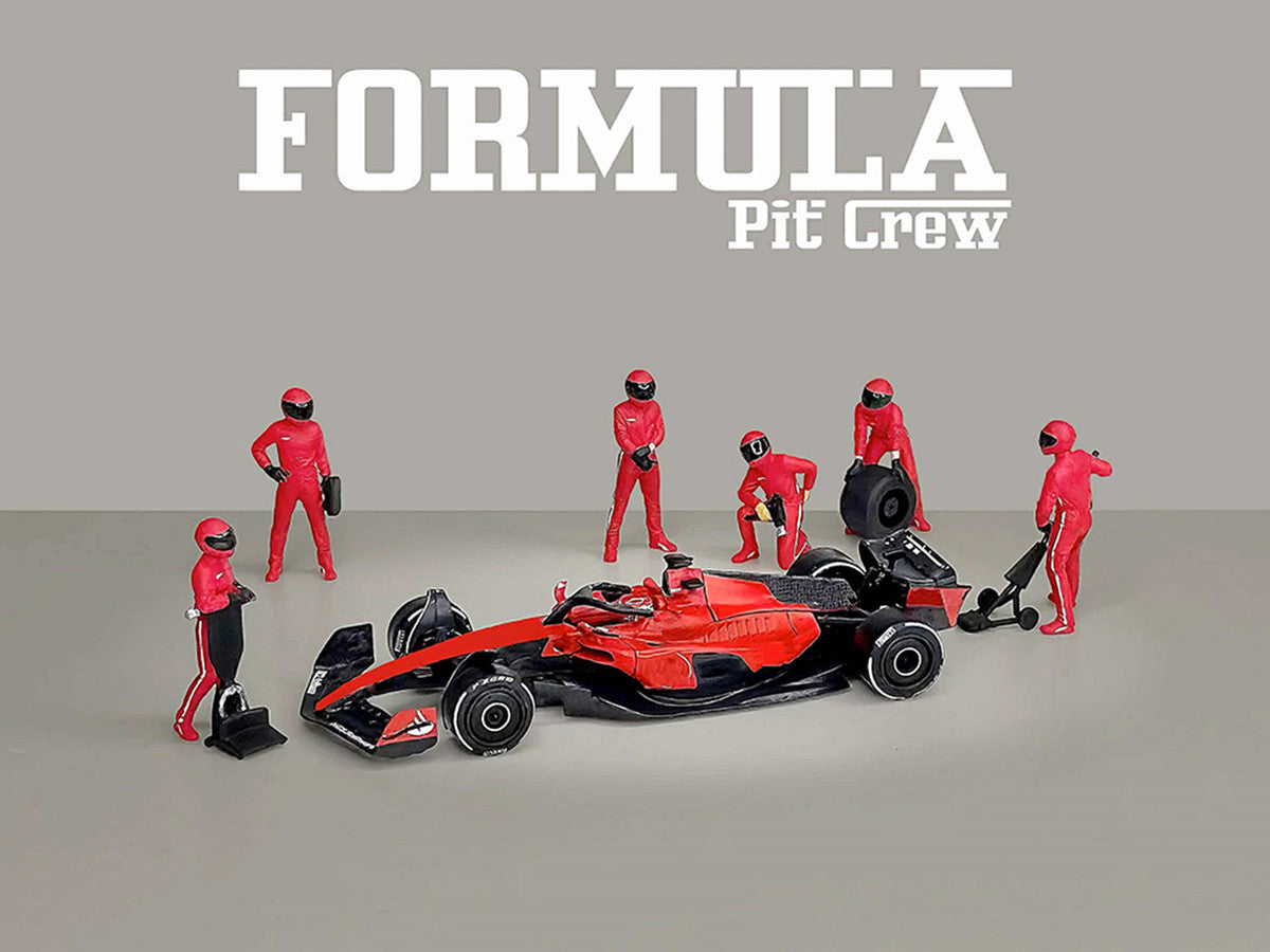 "Formula Pit Crew – Team Red" 6 piece Diecast Figure Set (6 Figures) Limited Edition for 1/64 Scale Models by American Diorama