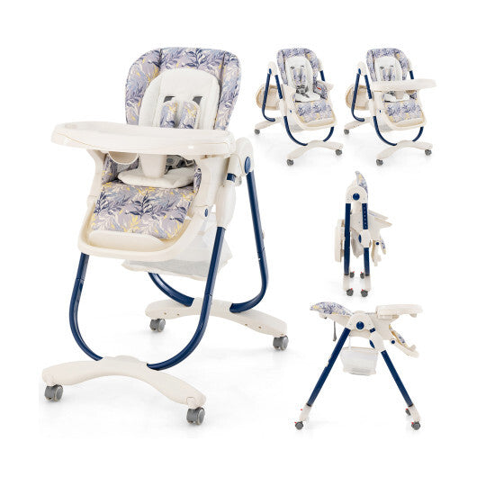 Multifunctional Folding Baby High Chair with Rolling Wheels and Adjustable Height-Pink