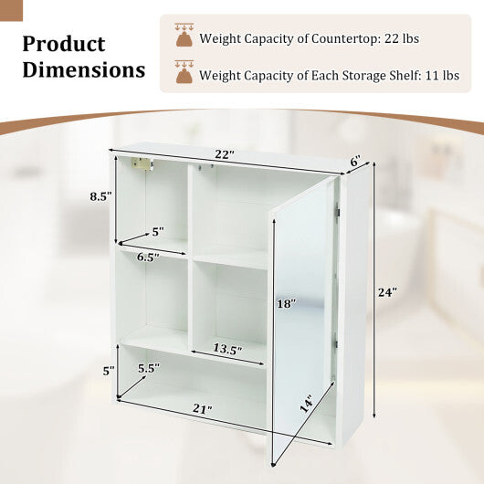 Wall-Mounted Mirror Cabinet with 2 Hidden Shelves and 3 Open Compartments-Black