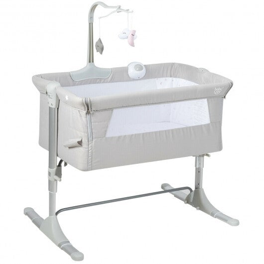 Height Adjustable Baby Side Crib with Music Box & Toys-Dark Gray