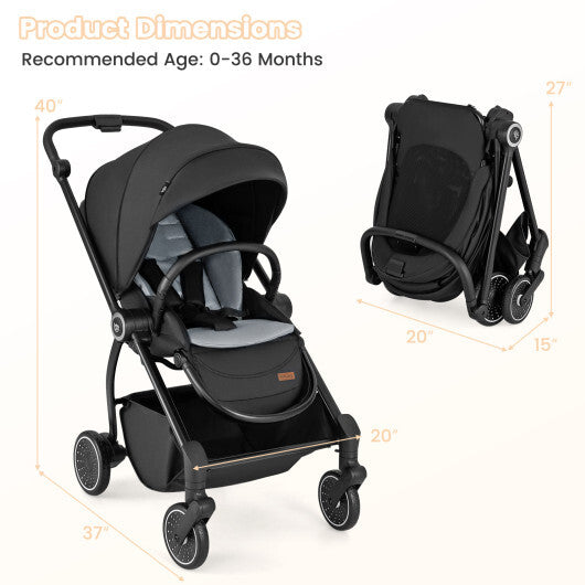 Foldable Infant Pram Stroller with Reversible Seat Reclining Backrest-Gray