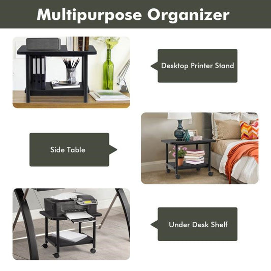 Black Multipurpose 2-Tiered Mobile Wheeled Printer Cart Stand
