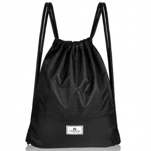 Drawstring Backpack String Bag Foldable Sports Sack with Zipper Pocket-Black - Color: Black