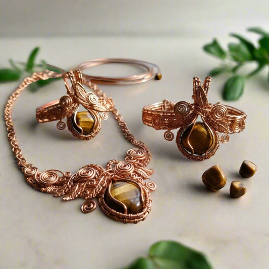 Copper Wire Wrapped Tigers Eye Royalty/Abundance Set