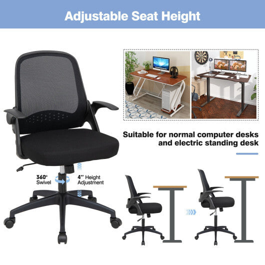 Adjustable Mesh Office Chair Rolling Computer Desk Chair with Flip-up Armrest-Black - Color: Black