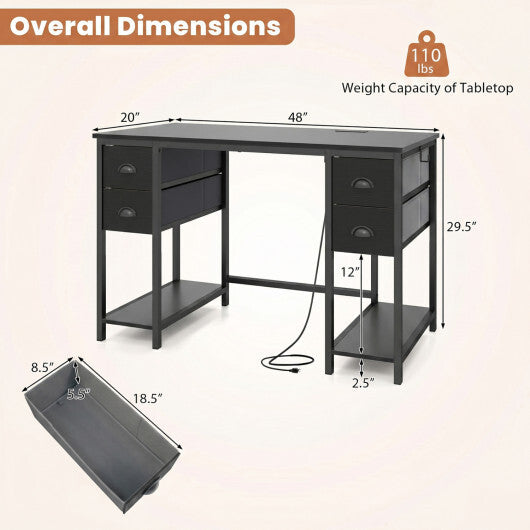 48 Inches Computer Desk with Power Outlet Home Office Desk with 4 Fabric Drawers-Brown