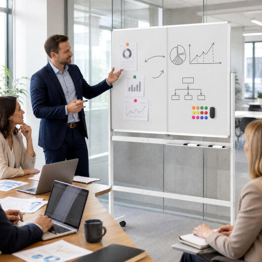 48" x 36" Double-Sided Mobile White Board with Lockable Universal Wheels for Office-White