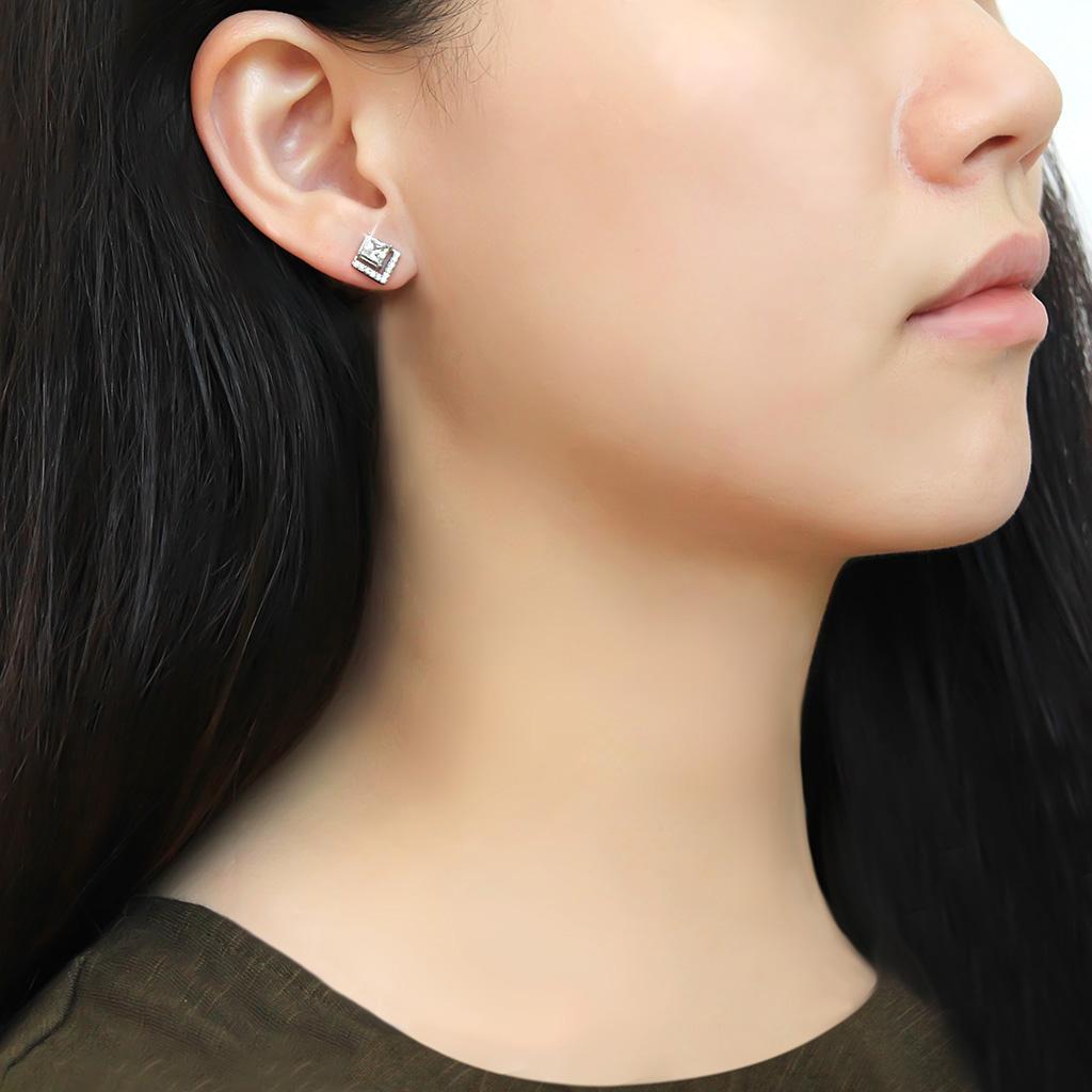 DA071 - High polished (no plating) Stainless Steel Earrings with AAA Grade CZ in Clear