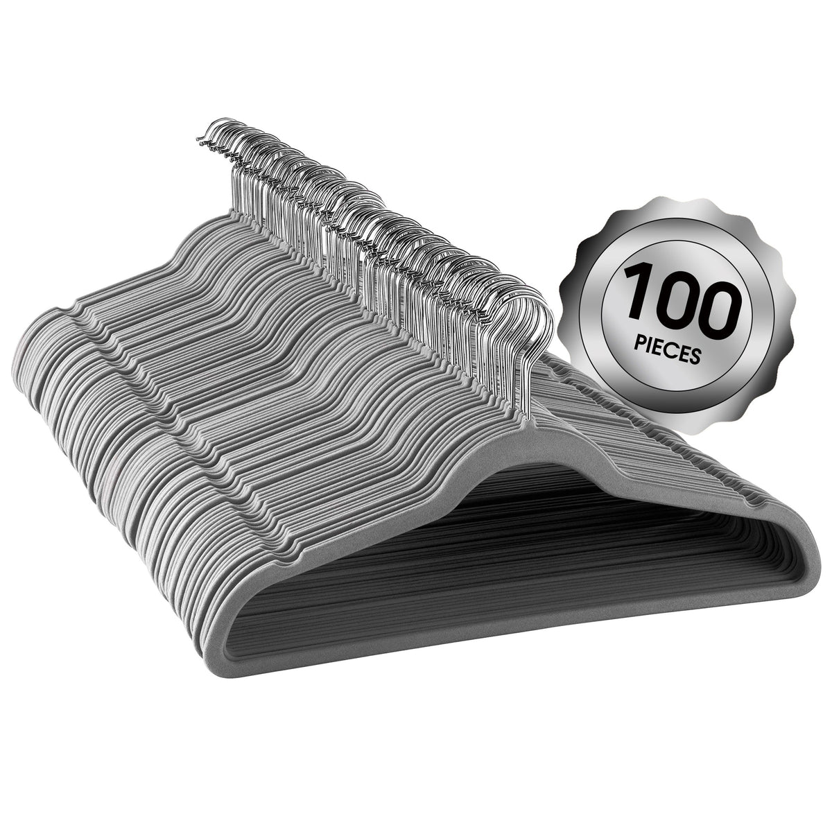 100 Piece Set of Velvet Slim Profile Heavy Duty Felt Hangers with Stainless Steel Swivel Hooks in Gray