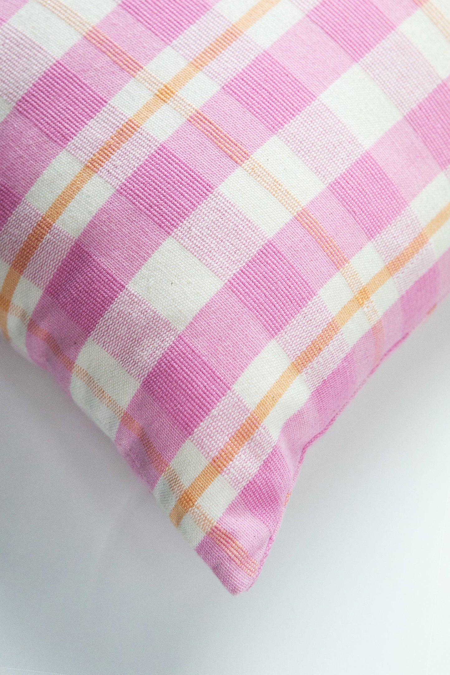 Abigail Plaid Square Pillow in Bubblegum and Peach