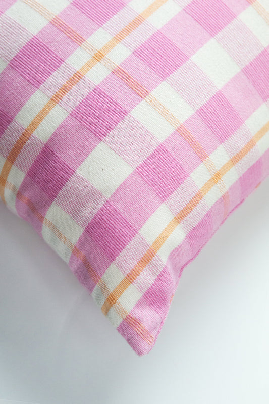 Abigail Plaid Square Pillow in Bubblegum and Peach