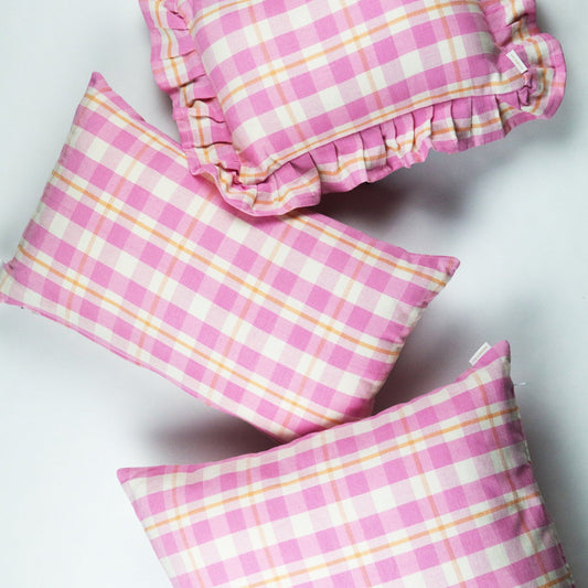 Abigail Plaid Rectangle Pillow in Bubblegum and Peach