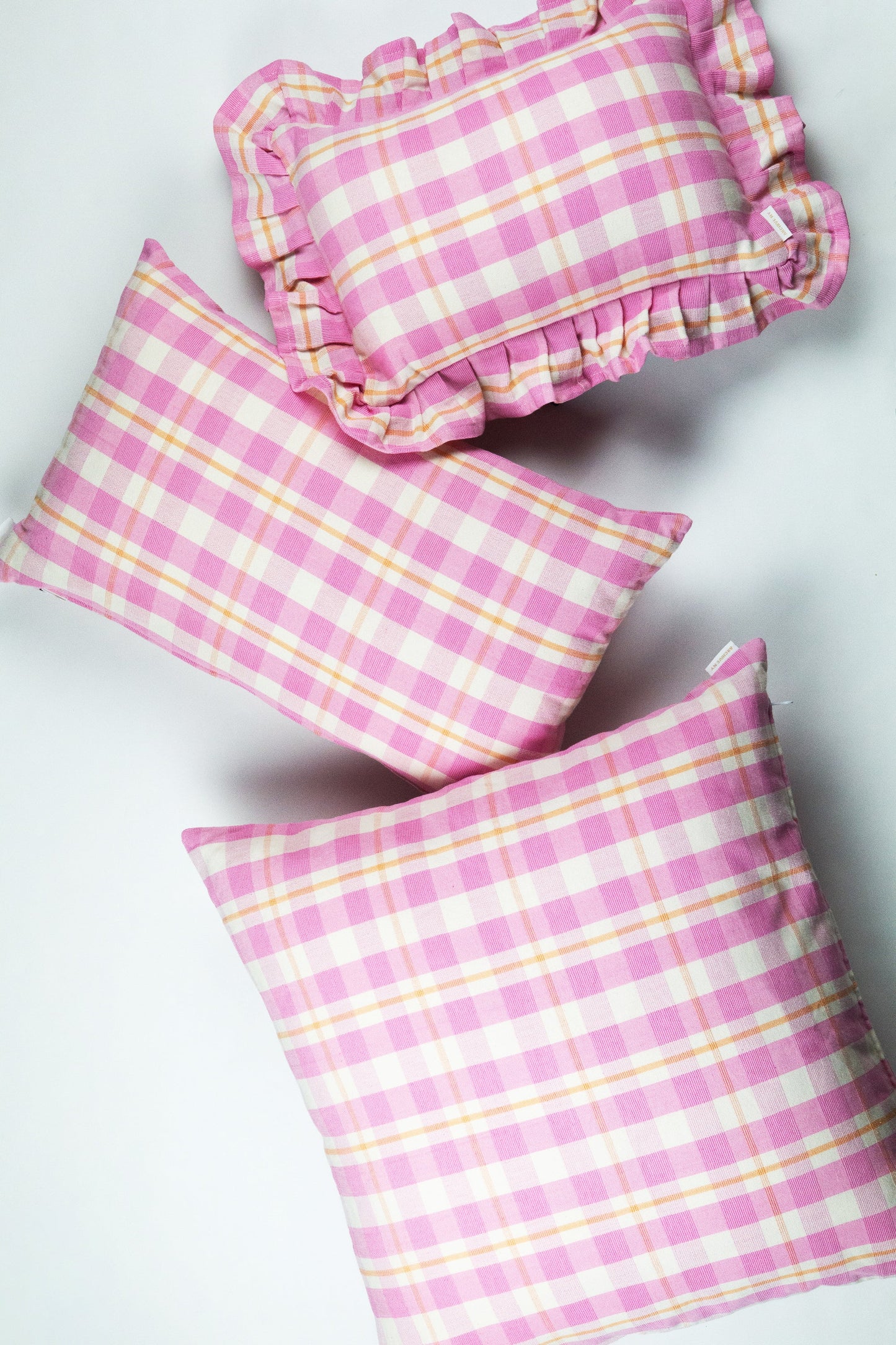 Abigail Ruffle Plaid Pillow in Bubblegum and Peach