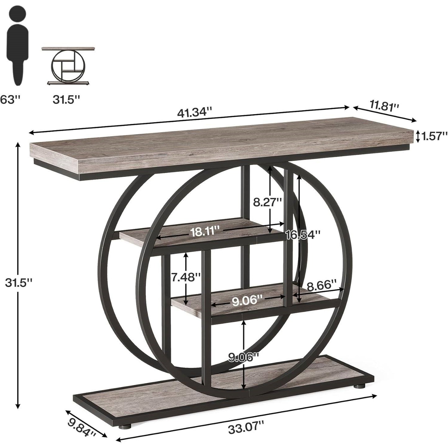 Modern 41-inch Wide Narrow Entryway Console Table with Grey Wood Finish Shelves