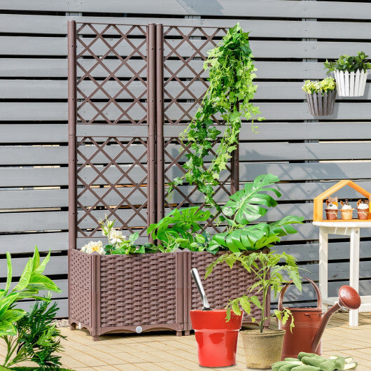PE Rattan Raised Garden Bed with Trellis Planter Box for Climbing Plants-Brown - Color: Brown