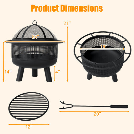 24 Inch Wood Burning Fire Pit with Log Grate and Mesh Screen for Outside