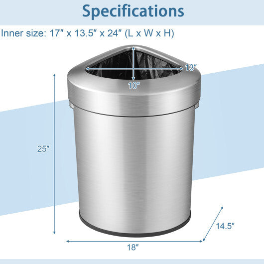 60L Stainless Corner Steel Trash Bin with Lid and Anti-slip Bottom-Silver