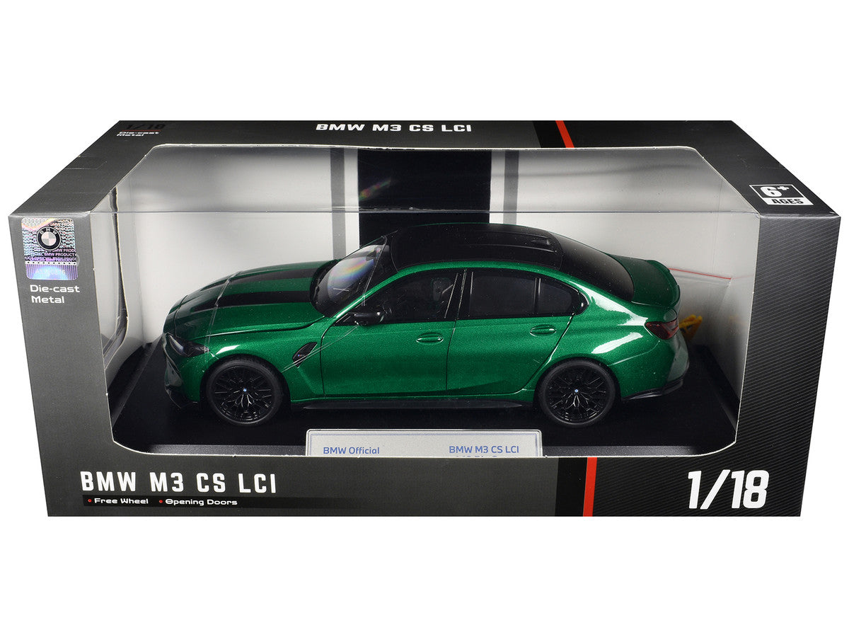BMW M3 CS LCI Green Metallic with Matt Black Top and Hood Stripes 1/18 Diecast Model Car by Heimanba
