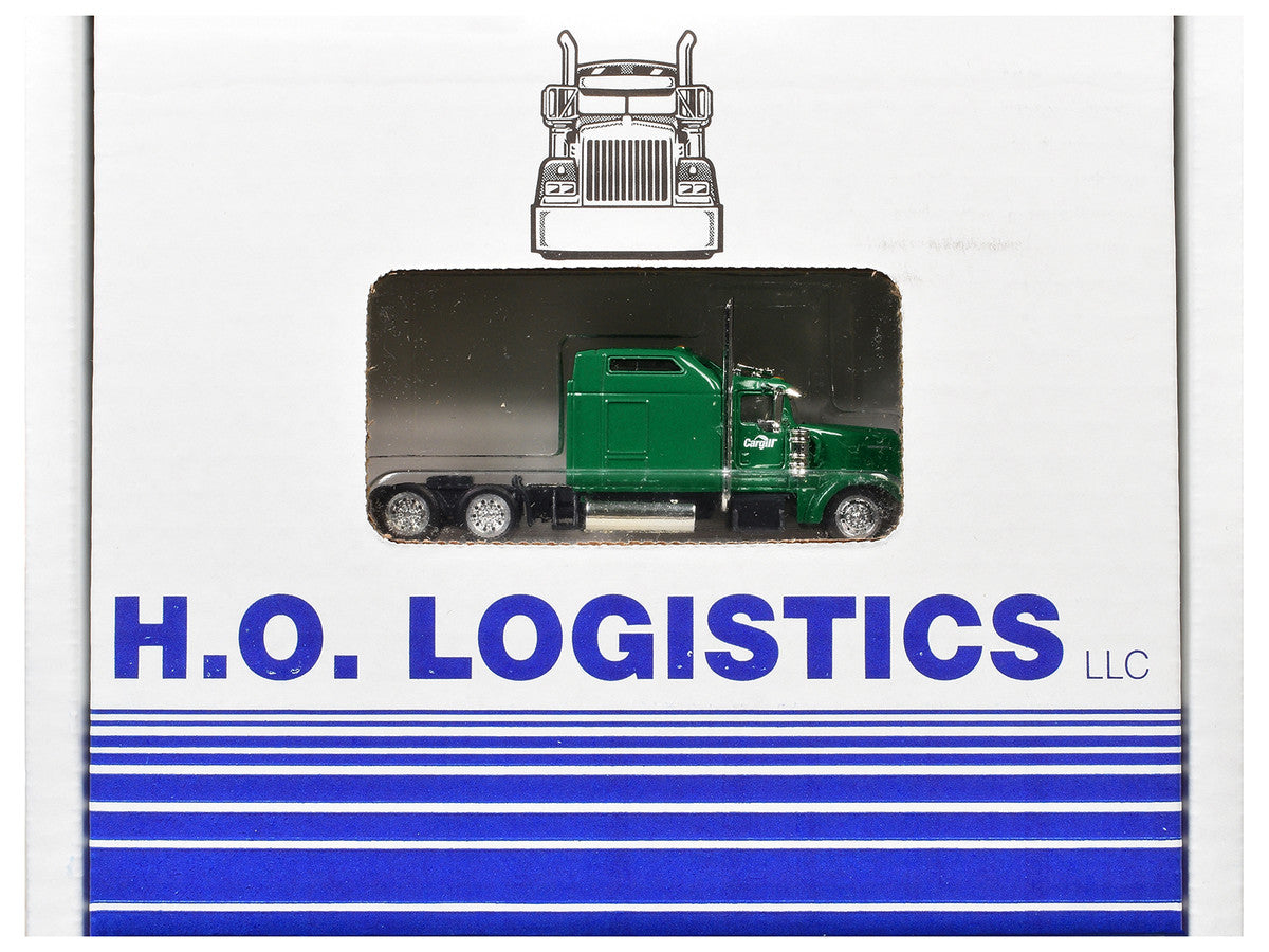 Kenworth W900L Truck Tractor with Sleeper Cab "Cargill" Green and Covered Grain Trailer White with Green Tarp Combo Set 1/87 (HO) Plastic Model Car by HO Logistics