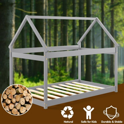 Stable Kids Platform Floor Bed with Roof and Heavy-Duty Slats-Gray