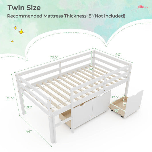 Twin Size Low Loft Bed with 3 Drawers with Ladder and Full-length Guardrails-Gray