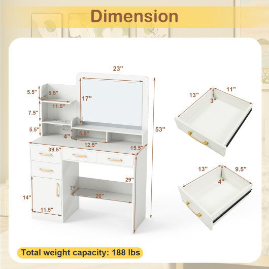39.5 Inch Vanity Desk with Power Outlets and Mirror for Bedroom-White