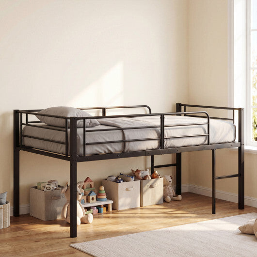 Twin Size Low Loft Bed with Safety Guardrails and 2 Ladders-White